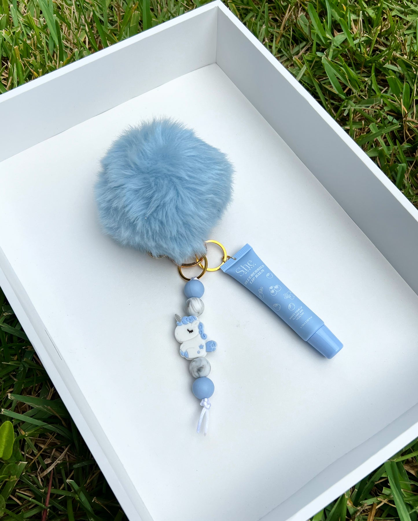 Soft Blue Pom Pom Unicorn Keychain